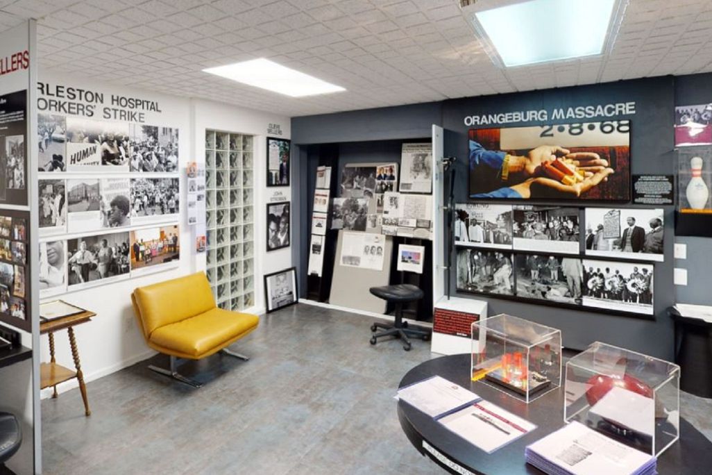 Museum interior with photographic exhibits