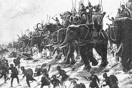 War elephants depicted in the battle of Zama, 202 BC. 