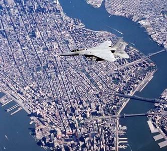 OPERATION NOBLE EAGLE -- An F-15 Eagle from the Massachusetts Air National Guard�s 102nd Fighter Wing flies a combat air patrol mission over New York City in support of Operation Noble Eagle. More than 30,000 people in the ANG and Air Force Reserve have been called to active duty to support Operations Noble Eagle and Enduring Freedom. (U.S. Air Force photo by Lt. Col. Bill Ramsay)