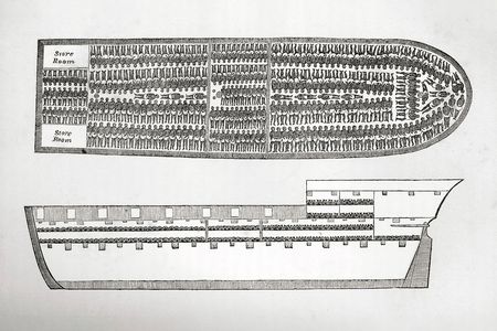 An 18th-century engraving depicting cross sections of a ship used to transport enslaved people from Africa to the Americas and the Caribbean
