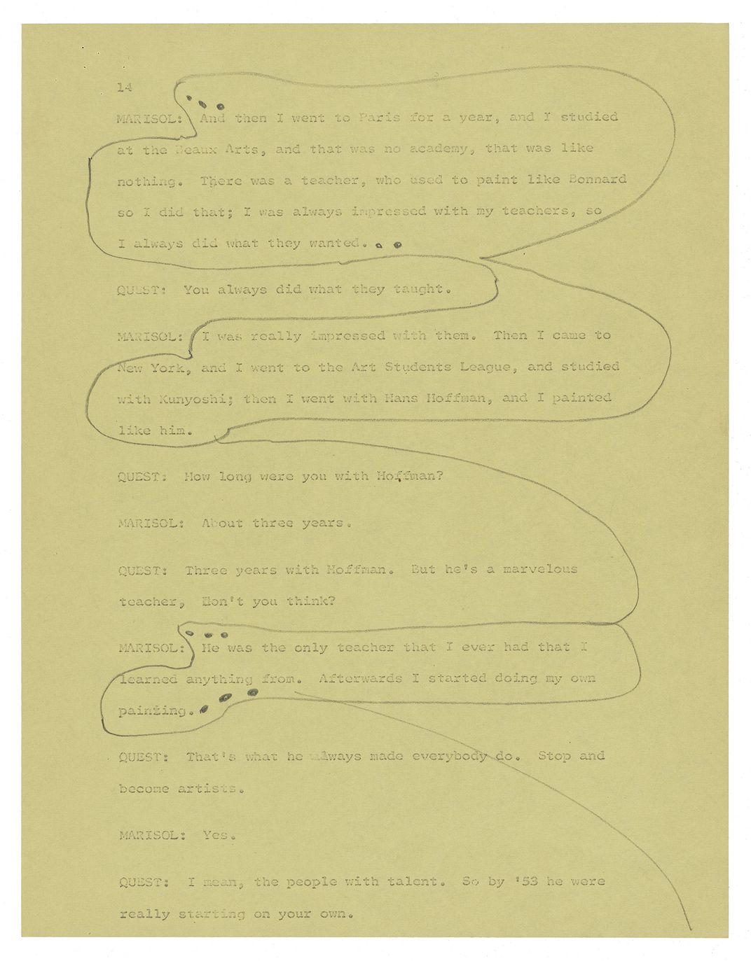 Typescript page from an interview on yellow paper with pencil markings and notations.