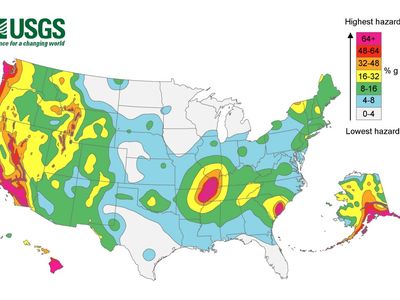The New Madrid seismic zone, in the center of the United States, is highlighted bright pink in this earthquake hazard map created by the U.S. Geological Survey in 2008, reflecting the increased likelihood that a strong earthquake could strike that region.