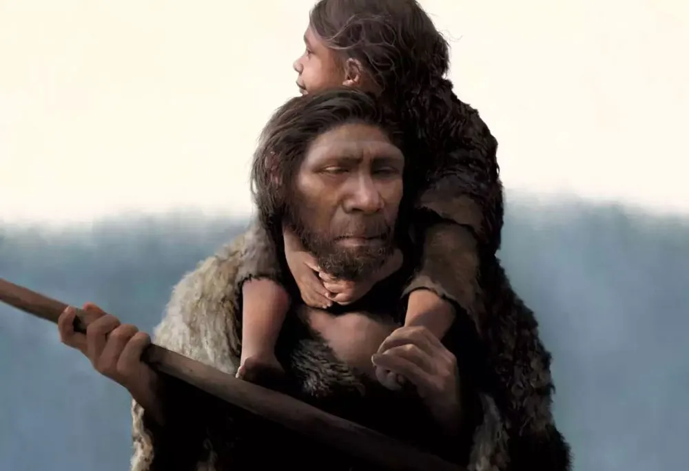 An illustration of a Neanderthal father and his daughter