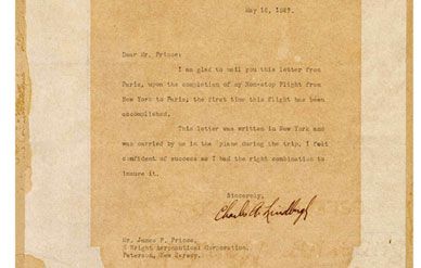 Only four letters with covers were carried by Lindbergh on his historic flight across the Atlantic in 1927, including this one to James F. Prince, Treasurer of Wright Aeronautical Corporation.