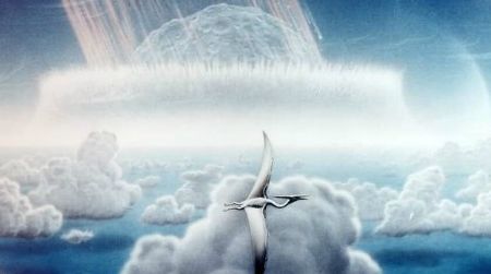 Artist Donald E. Davis' depiction of the asteroid impact which played a critical role in the end-Cretaceous extinction.
