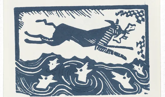 In 1988, artist Laura Farabough exhibited Santa Dog, a site–specific video installation at the Hanson Gallery in Sausalito, California. That same year, Farabough featured “Santa Dog” on her holiday card to artist David Ireland. Laura Farabough christmas card to David Ireland, 1988. David Ireland papers, circa 1910s-circa 2009, Archives of American Art, Smithsonian Institution.