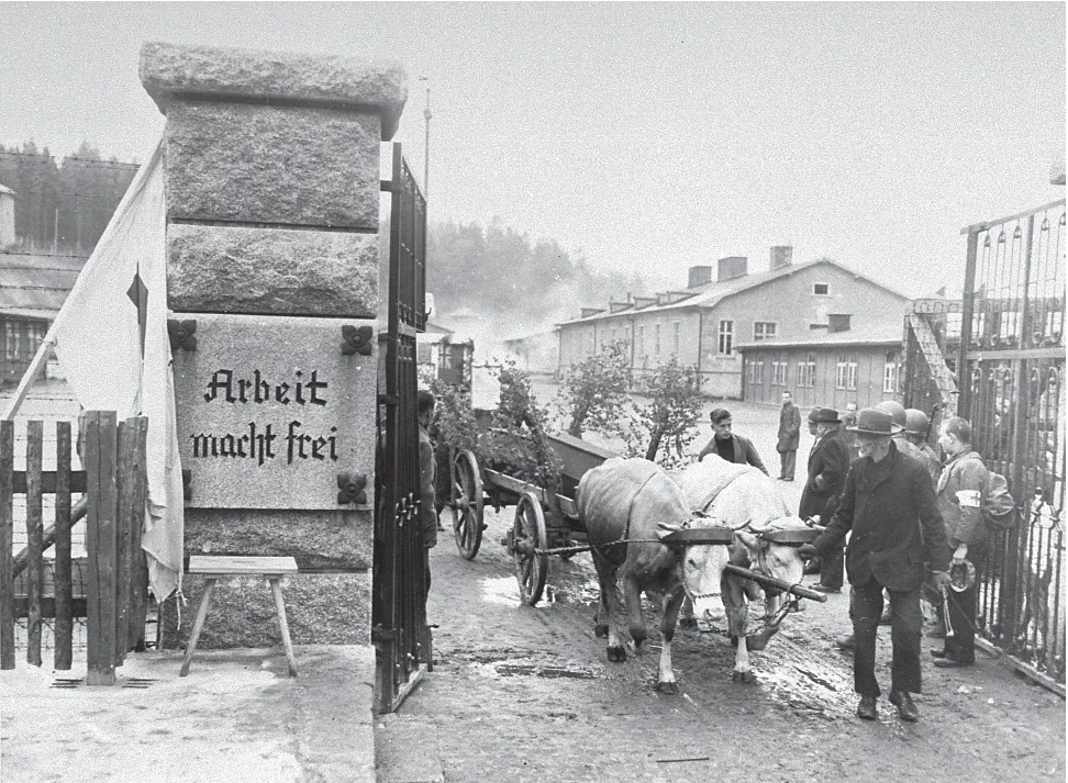 German civilians transport corpses out of Flossenbürg after the camp's liberation by American forces