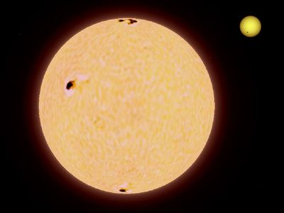 BD+48 740 is just a bit bigger than Pollux, seen here dwarfing our own Sun.