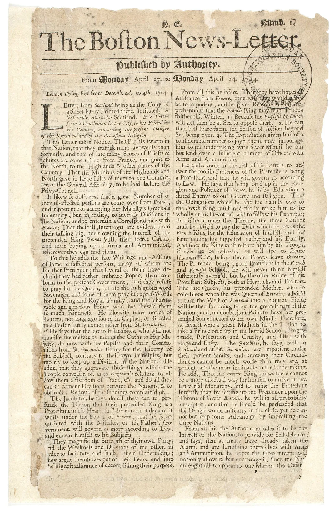The first issue of the Boston News-Letter, published on April 17, 1704