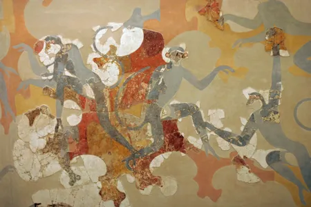 The blue monkey fresco at Akrotiri, an ancient settlement on the Aegean island of Thera, or modern-day Santorini
