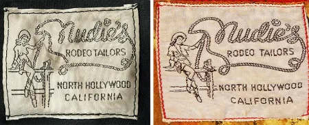 Nudie’s Rodeo Tailors original label featured a topless cowgirl (left) who got a fringed bolero in 1963.