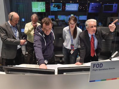 Stephan Ulamec, Fred Jansen, Andrea Accomazzo, Elsa Montagnon, and the author monitor telemetry from Rosetta the morning of the historic landing.     