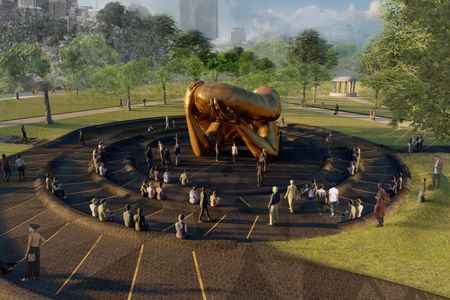 A rendering of by Hank Willis Thomas' The Embrace, a public memorial set to be unveiled in the Boston Commons in October 2022