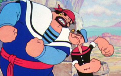 Bluto (in the role of Sindbad) and Popeye face off