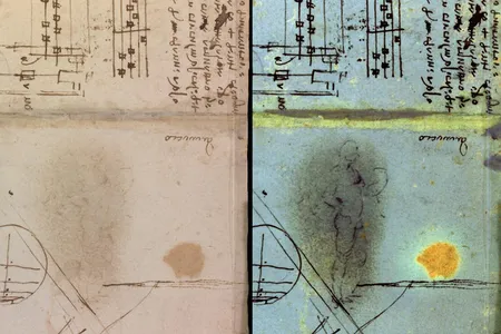 One of Leonardo's notebooks (left) contains an erased figure (right). Conservators discovered the hidden sketch using multispectral imaging. 