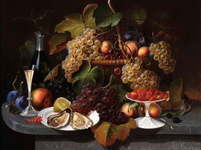Still Life with Fruit, Oysters, and Wine by Everhart Kuhn, ca. 1865