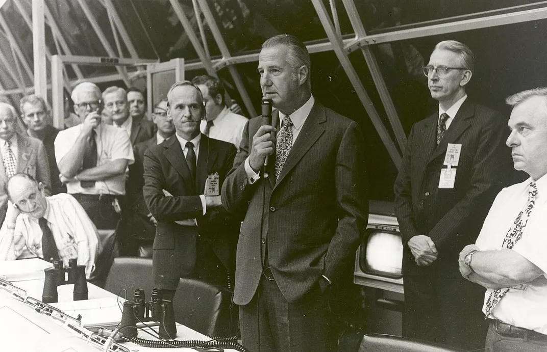 Spiro Agnew (center, holding microphone) in 1972