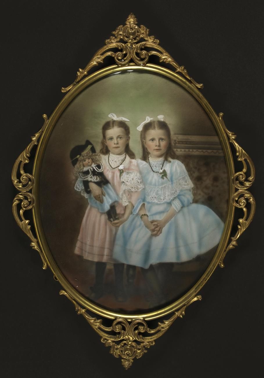 A painting of two twin sisters holding a doll. 