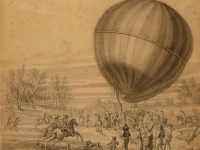 A drawing showing the descent of the first manned hydrogen gas balloon flight, which departed from Paris, France on Dec. 1, 1783. 