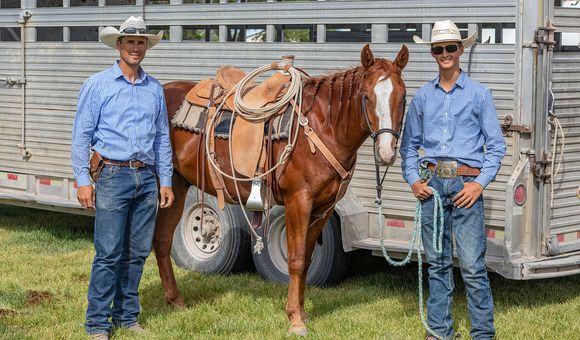 Two men in blue shirts, blue jeans, leather belts, and white cowboy hats pose in front of a brown horse.