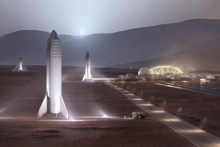 A mini-fleet of Starships wait near a Martian base in this SpaceX artist's conception. 