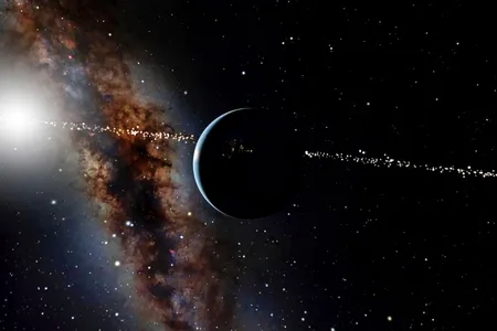 An artist's rendering of the Earth and sun seen from space. Astronomers on Earth can detect other worlds when far away stars flicker as an orbiting planet passes in front of them, partly blocking our view. New research asks how many alien worlds might have been able to detect Earth in this way.