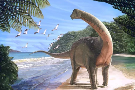 Artist concept of Mansourasaurus shahinae on a lush coastline of what is now the Western Desert of Egypt approximately 80 million years ago.