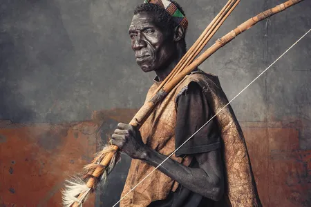 A Hadza elder wears a roughly tanned wild-animal skin over a T-shirt. The skin strips on his bow reinforce his weapon while the furs attest to his recent kills. His headband is not traditionally Hadza; members of the tribe have begun to adopt styles from neighboring groups.