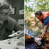 Left: Black and white image of a young man sitting at a desk, examining bird bones and holding a bird skull.  Right:  A young woman in an orange safety vest bends over a stream, collecting a water sample in a bottle.