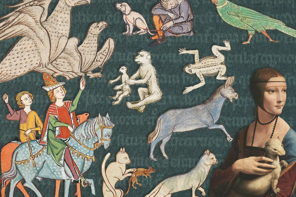 Illustration of medieval animals, including horses, an ermine, cats and mice, a dog, a parrot and hawks