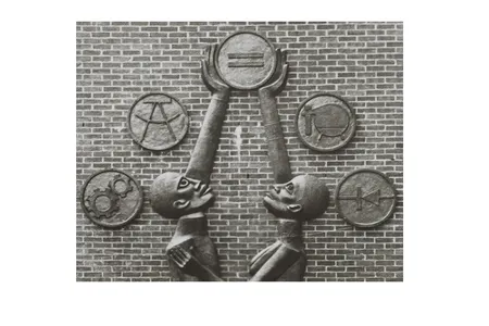 Photograph of Elizabeth Catlett sculpture Students Aspire with description (detail), 1978 / unidentified photographer. Elizabeth Catlett papers, 1957-1980. Archives of American Art, Smithsonian Institution.