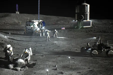 An artist&rsquo;s rendering of astronauts working near NASA&rsquo;s Artemis base camp, complete with a rover and RV.