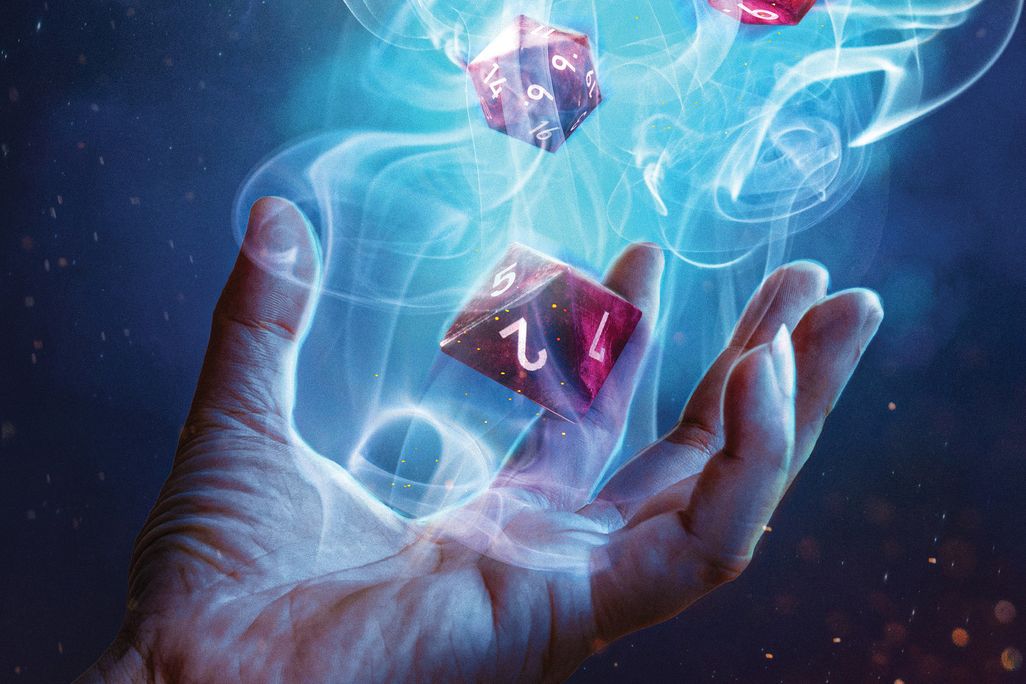 an illustration of dice floating above a hand.