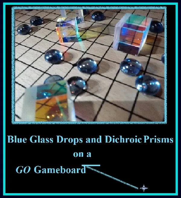 'Blue Glass Drops and Dichroic Prisms on GO Gameboard' (under blue aquarium light - no water). thumbnail