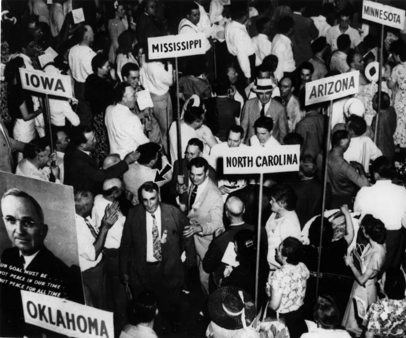 Mississippi delegates walk out of the 1948 Democratic National Convention in Philadelphia, Pennsylvania