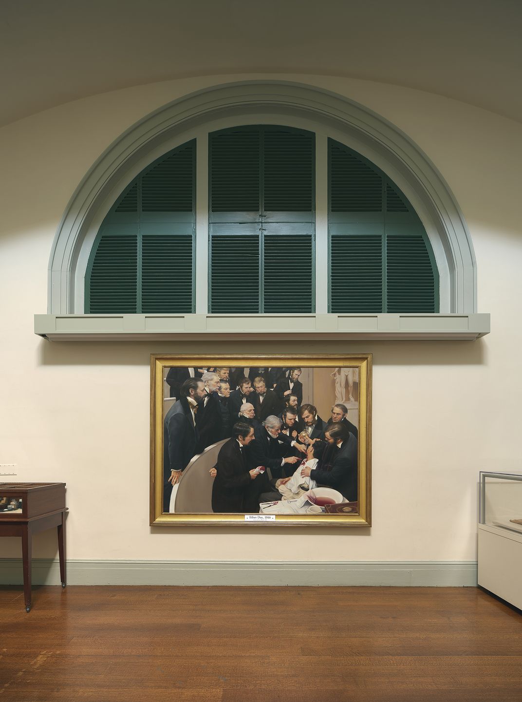 Some 20 people associated with the hospital dressed in period costumes to pose for the 2001 oil painting Ether Day, 1846, by Warren and Lucia Prosperi. The painting now hangs on a wall inside the Ether Dome.