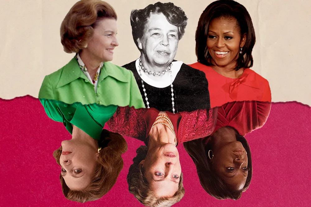 Illustration of Eleanor Roosevelt, Betty Ford and Michelle Obama, mirrored against the actresses playing them in "The First Lady"