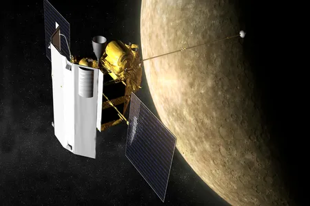 Artist depiction of the MESSENGER spacecraft in orbit around Mercury