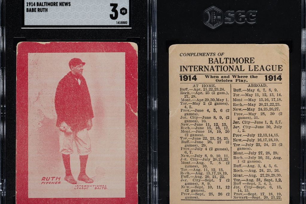 Red baseball card showing Babe Ruth next to schedule of baseball games