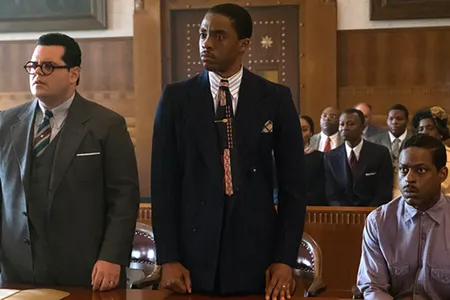 In "Marshall," a new movie starring Chadwick Boseman and Josh Gad, the future Supreme Court Justice Thurgood Marshall argues a case for a black man accused of rape.