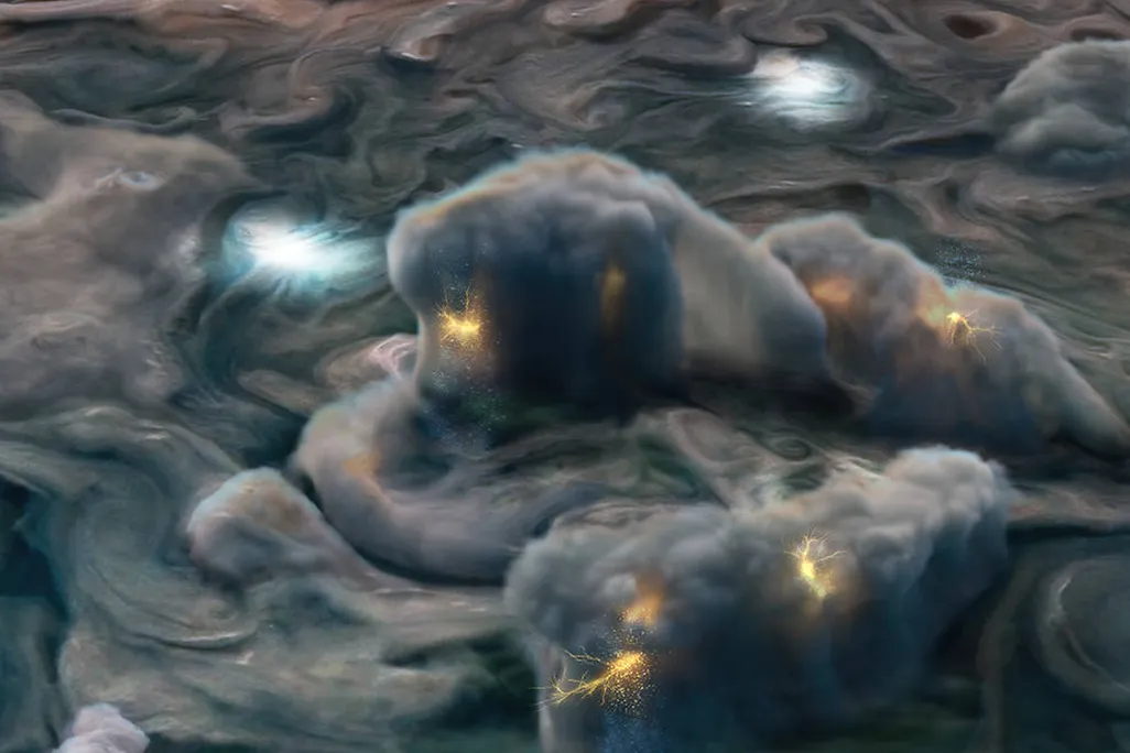 A gray, swirling cloud with bright spots of lightning