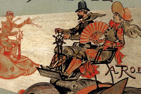 The cover illustration of the Book Le Vingtieme Siecle by Albert Robida, depicts futuristic means of transport flying above a city.