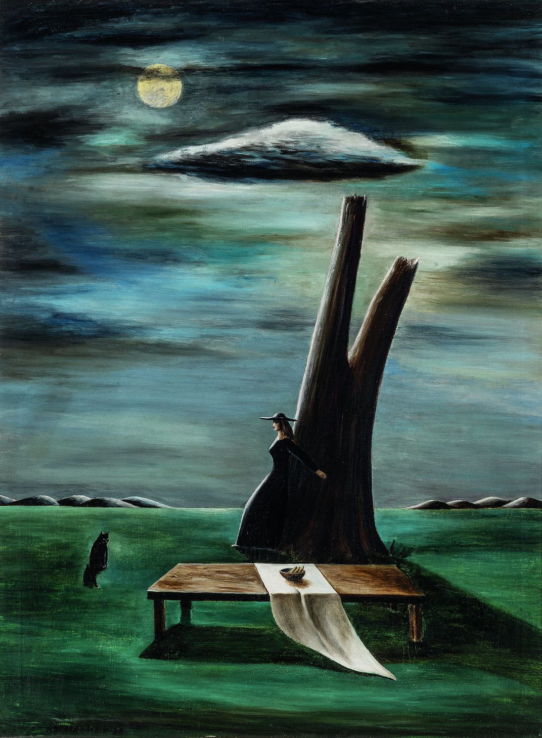 Tree, Table and Cat, from 1937 (when the artist painted for the Works Progress Administration), shows a woman, perhaps in flight, seeking refuge behind a dead tree.