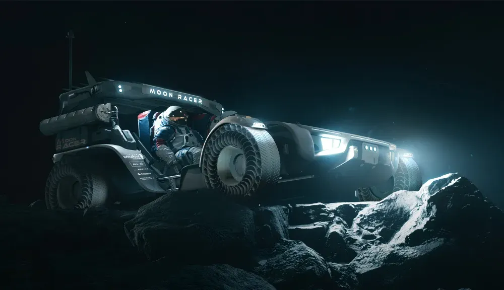 An artist's concept of Intuitive Machines' moon buggy, featuring a fully suited astronaut sitting in the driver's seat