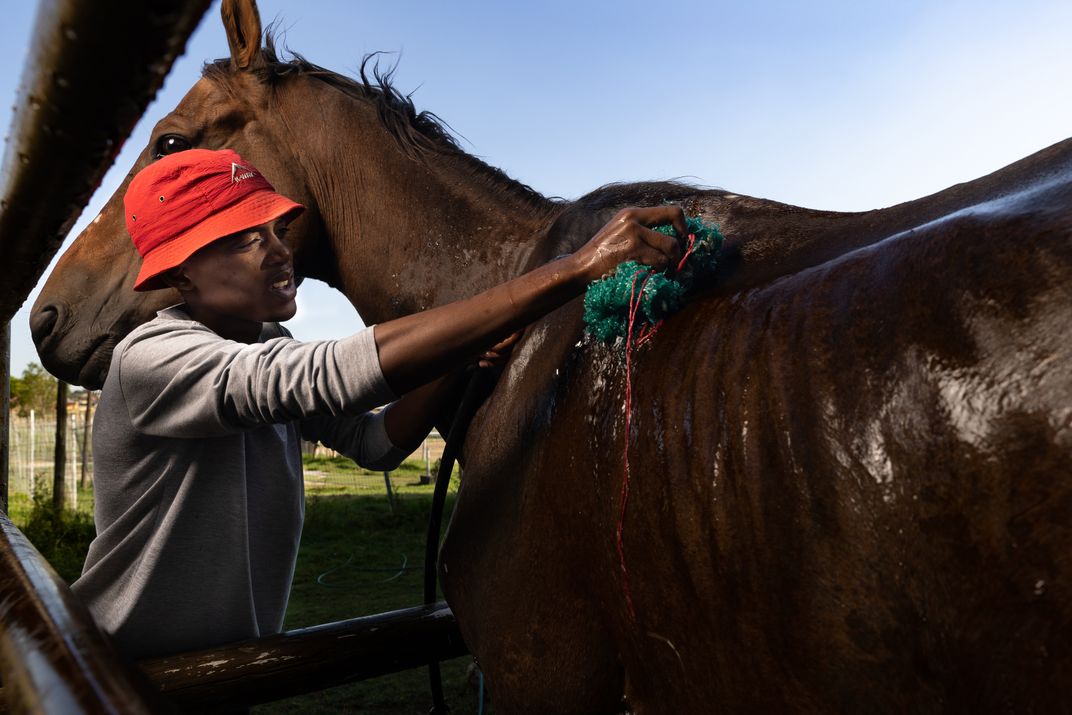 Using a rag, Tshiamo Khumalo gives a horse a bath. Regular baths help prevent skin conditions and remove dirt that could cause chafing under the saddle.