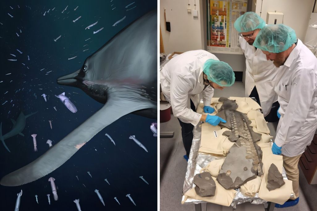artist reconstruction of Temnodontosaurus (left) and researchers working on the fossil (right)