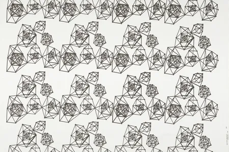 Wyss Institute engineers selected works from the collections to illustrate a "new approach to Design Science." The clusters of polyhedrons in the 1954 textile Time Capsule reflects the 1950s sentiment for a brighter future built on scientific progress.