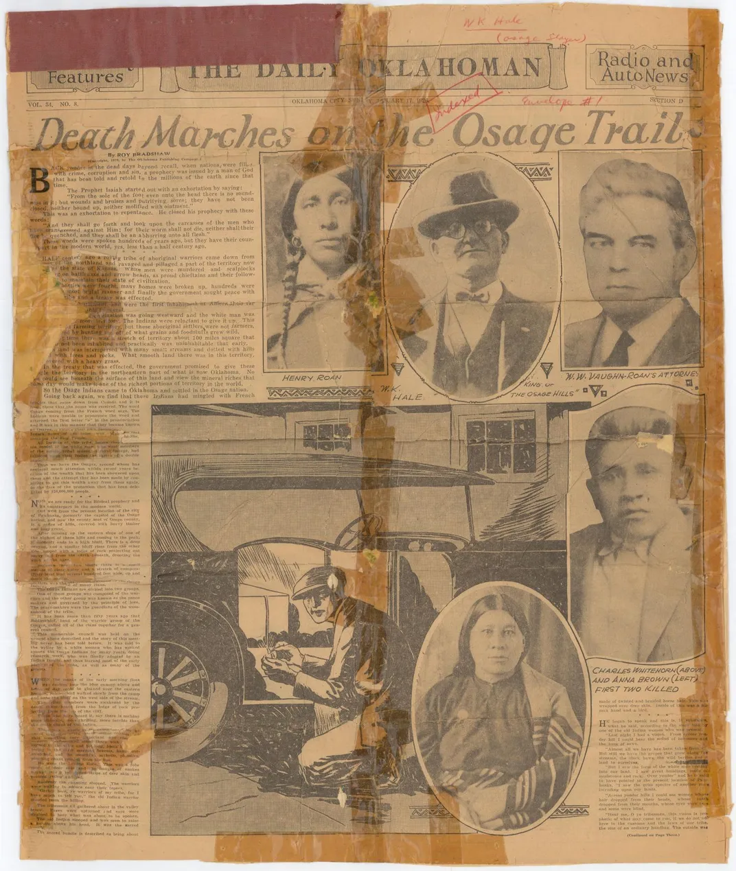 A 1926 newspaper article about the Osage murders, featuring photos of Henry Roan, William Hale, W.W. Vaughan, Charles Whitehorn and Anna Brown (clockwise from top left)