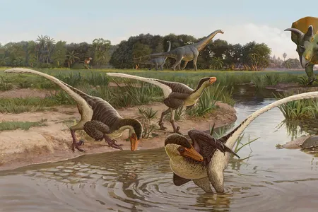 Reconstruction of Dineobellator notohesperus and other dinosaurs from the Ojo Alamo Formation at the end of the Cretaceous Period in New Mexico by Sergey Krasovskiy. This reconstruction shows three Dineobellator near a water source, with the ceratopsid Ojoceratops and  sauropod Alamosaurus in the background.