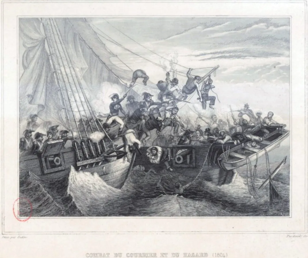 A depiction of the clash between Noailles' grenadiers and the British crew of the Hazard